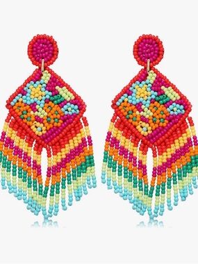 Beaded Fringe Statement Earrings - Multicolor